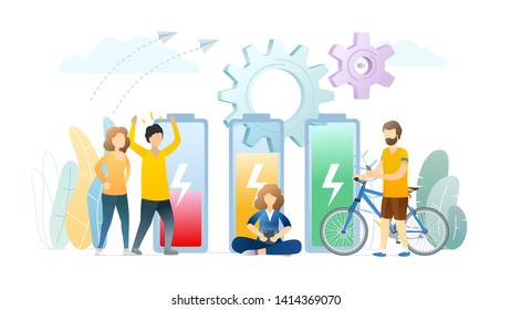 Life energy metaphor flat vector illustration. Exhausted, angry people with low battery level. Woman enjoys reading from smartphone. Energetic man, cyclist with fully charged battery.