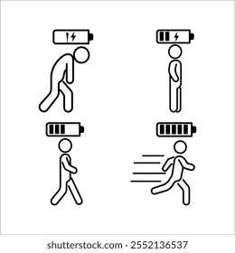 Life energy. Stickman, Businessman with charged battery, businessman with . Charging indicator pictogram or logo. Happy and Energetic symbol.