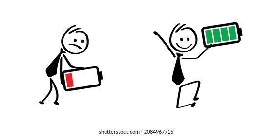 Life energy. Stickman, Businessman with red low battery and stick man, business man with green full level. Charge indicator pictogram or logo. Happy and unhappy, Energetic, tired or exhausted symbol