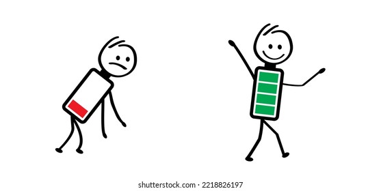 Life energy. Stickman, Businessman with red low battery and stick man, business man with green full level. Charge indicator pictogram or logo. Happy,  unhappy, Energetic, tired or exhausted. Burnout.