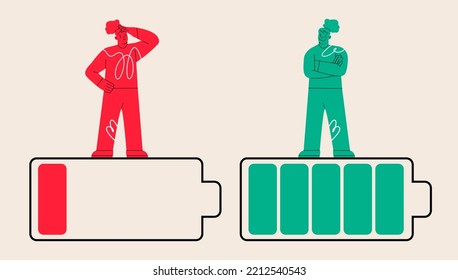 Life Energy. Woman With Red Low Battery, Woman With Green Full Level. Colorful Vector Illustration 
