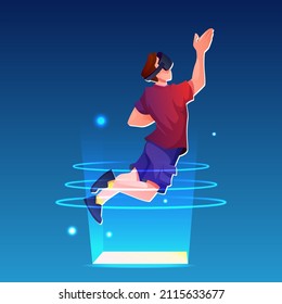 Life and entertainment in metaverse universe. Vector male character wearing VR goggles playing game, communicating. Futuristic network and cyberspace visual experience and interaction in digital space