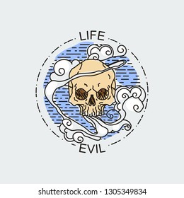 Life evil. Vector illustration of color tattoo graphic human skull. Lined symbol