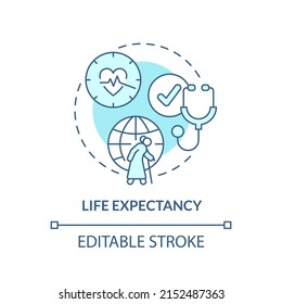 Life expectancy turquoise concept icon. Social care. Measure of human development abstract idea thin line illustration. Isolated outline drawing. Editable stroke. Arial, Myriad Pro-Bold fonts used