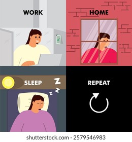 The life experienced by humans in the world is, Work, Home, Sleep, Repeat. 2d vector illustration