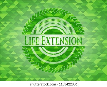 Life Extension green emblem. Mosaic background