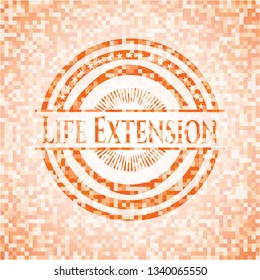 Life Extension orange tile background illustration. Square geometric mosaic seamless pattern with emblem inside.