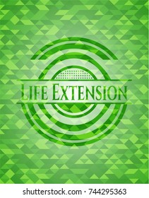 Life Extension realistic green emblem. Mosaic background