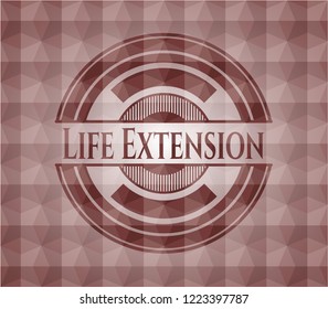 Life Extension red emblem or badge with abstract geometric pattern background. Seamless.