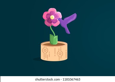 A life. A flowering pink flower in a pot and a hummingbird. Flat vector illustration.