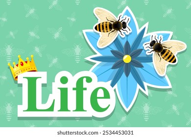 Life font flower and bee illustration vector