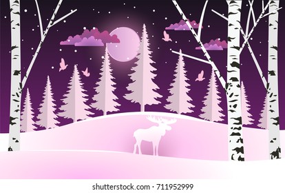 life in the forest with a huge full moon in winter. design paper art and handicraft