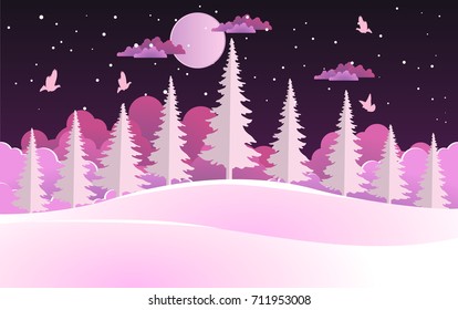 life in the forest with a huge full moon in winter. design paper art and handicraft