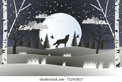 life in the forest with a huge full moon and wolf. design paper art and handicraft