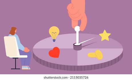 Life fortune wheel. Woman wait roulette result. Giant hand and tiny girl, love, money, business creative or famous. Determining fate of person in lottery, vector concept