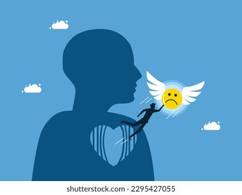 life free and pessimistic. man floating with sadness out of the heart