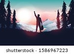 Life goal achievement - Happy man celebrating personal success by raising hand in nature. Beautiful view and mountain tops in background. Winner, travel and hiking concept. Vector illustration.