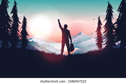 Life goal achievement - Happy man celebrating personal success by raising hand in nature. Beautiful view and mountain tops in background. Winner, travel and hiking concept. Vector illustration.