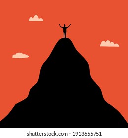 Life goal concept vector illustration. A man standing on the top of high mountain in flat design. Symbol of success, goal, achievement in life.	
