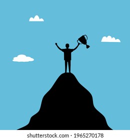 Life goal concept vector illustration. A man standing on the top of high mountain and holding trophy in flat design. Symbol of success, goal, achievement in life.