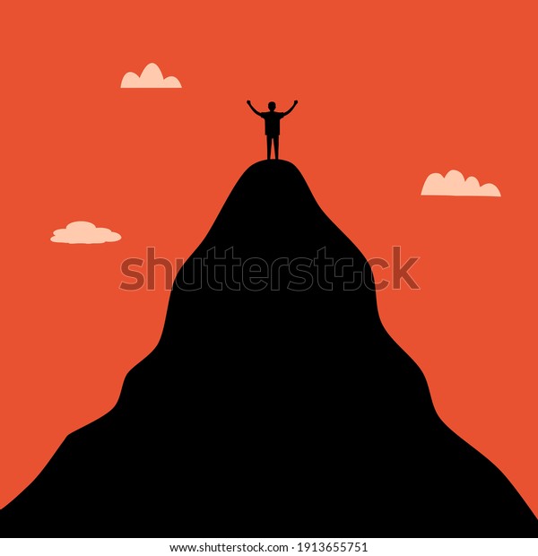 Life goal concept vector illustration. A man\
standing on the top of high mountain in flat design. Symbol of\
success, goal, achievement in\
life.	\
