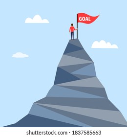 Life goal in flat design concept vector illustration. A man standing on the top of high mountain with red flag sign text goal on top. Symbol of success, goal, achievement in life.	
