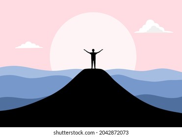 Life goal, success life and freedom concept vector illustration. A man standing on the top of high mountain with sunrise beautiful scenery in flat design. 