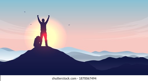 Life goals - Silhouette of hiker on mountain top with arms in air in front of sunlight, celebrating life and personal goal. Vector illustration.