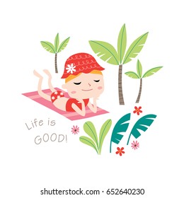 Life is good! Greeting card vector. Summer child's outdoor activities. Beach holiday. Happy childhood.