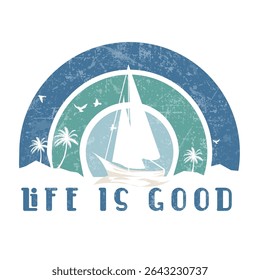 Life Is Good Moon and Palm Retro Night Beach Design.
Moon and palm tree design with vintage touch and “Life Is Good” message. Great for nighttime beach vibes and tropical t-shirt art.