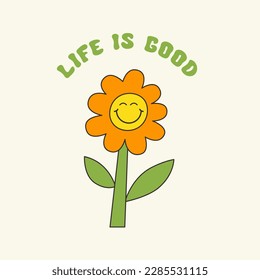 Life is Good retro hippie design illustration, positive message phrase isolated on a beige background. Trendy groovy vector print in style 70s, 80s