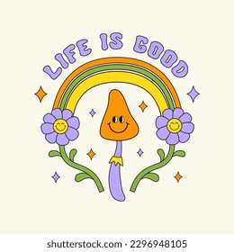 Life is Good retro hippie design illustration, positive message phrase isolated on a beige background. Trendy groovy vector print in style 70s, 80s