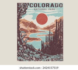 Life is great. Colorado mountain national park. Adventure at the mountain graphic artwork for t shirt and others. Mountain with tree vintage print design. Mountain with sunset and river. 