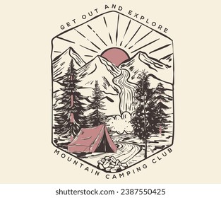 Life is great. Snow wild vector. Wild camping, Hill waterfall. Take me to the mountains Adventure at the mountain graphic artwork for t shirt and others. Mountain with tree vintage print design.