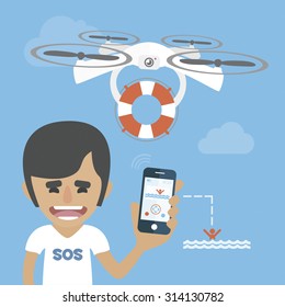 Life guard is flying a drone with the lifebuoy. Help concept