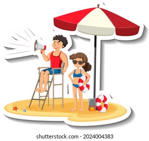 Life guard holding megaphone at the beach illustration