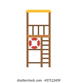 Life guard tower vector illustration. Swimming lifeguard spot with lifebuoy and steps. Beach safety building icon in flat design. Emergency pillar isolated on white background.
