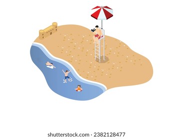 Life guard watching over the beach with children swimming isometric 3d vector illustration concept