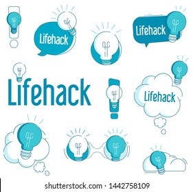 Life Hack, Tips & Tricks. Rounded Icons with Typography and Geometric Elements for Post or Article about Interesting Facts. Label for Blog, Social Media Vector illustration.