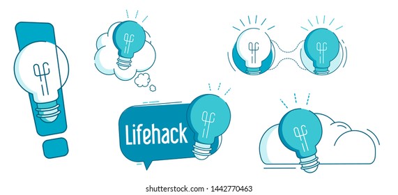 Life Hack, Tips & Tricks. Rounded Icons with Typography and Geometric Elements for Post or Article about Interesting Facts. Label for Blog, Social Media Vector illustration.