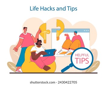 Life Hacks and Tips set. Everyday tasks with creative solutions. Sharing ingenious tricks for efficiency and ease. Empowering individuals with clever life strategies. Flat vector illustration.