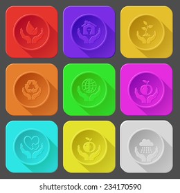 life in hands, economy, plant, protection nature, world, apple, love, weather. Color set vector icons.