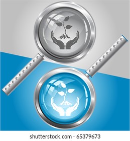 life in hands. Vector magnifying glass.