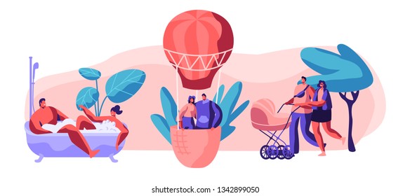 Life for Happy Moment Set. Man and Woman Take Bath Together with Bubble in Bathroom. Young Love Couple Fly Air Balloon in Sky. Walk Family with Baby Stroller in Park. Flat Cartoon Vector Illustration