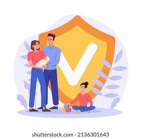 Life And Health Insurance Against Diseases And Accidents Concept. Family With Newborn Baby And Daughter Next To Protective Shield. Happy Parents With Children Safe. Cartoon Flat Vector Illustration