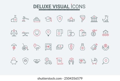Life and health insurance, property and marriage line icons set. Safety shield and umbrella for family, money transaction, cargo and travel thin black and red outline symbols vector illustration