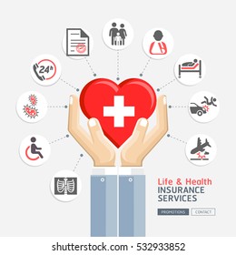 Life & Health Insurance Services. Business Hands Holding Heart Shape. Vector Illustrations.