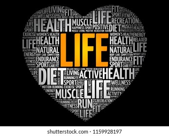 LIFE heart word cloud collage, fitness, sport, health concept