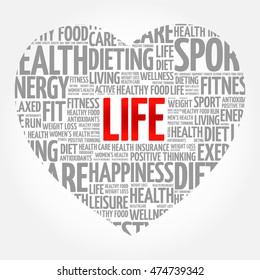 LIFE heart word cloud, fitness, sport, health concept