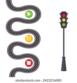 Life is a highway conceptual road map with start, pause, and play buttons along the route controlled by a stoplight